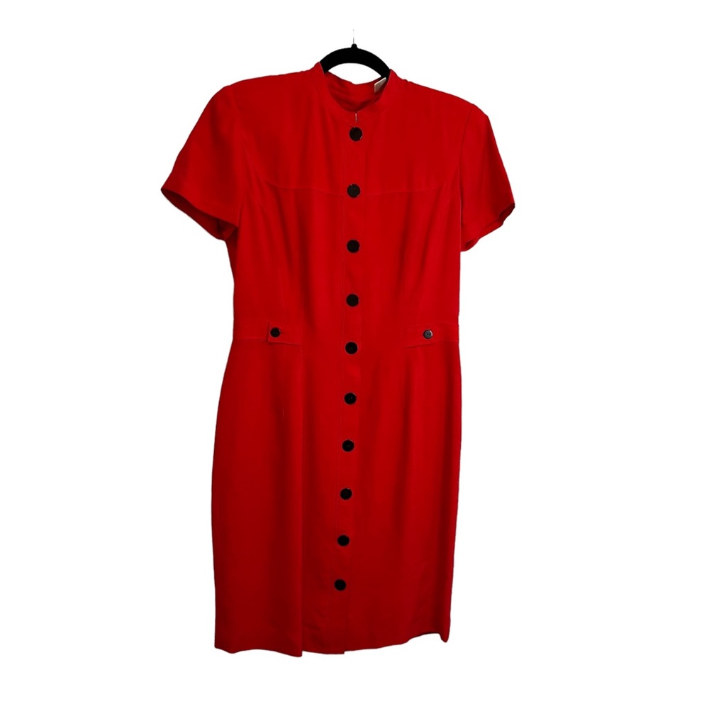 Vintage Dana Buchman Red 100% Silk Short Sleeve Button Up Dress Womens Size 4